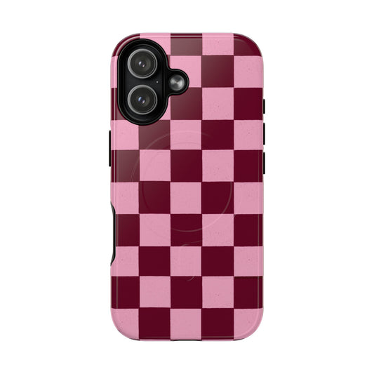 Pink & Burgundy Checkerboard Tough Magnetic Phone Case — Protective Magnetic iPhone Cover