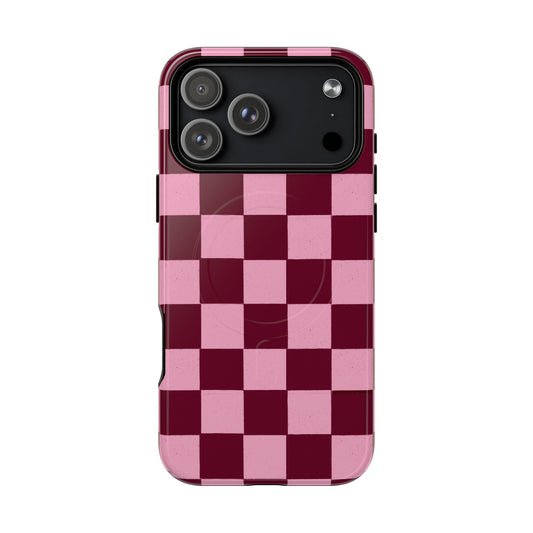 Pink & Burgundy Checkerboard Tough Magnetic Phone Case — Protective Magnetic iPhone Cover